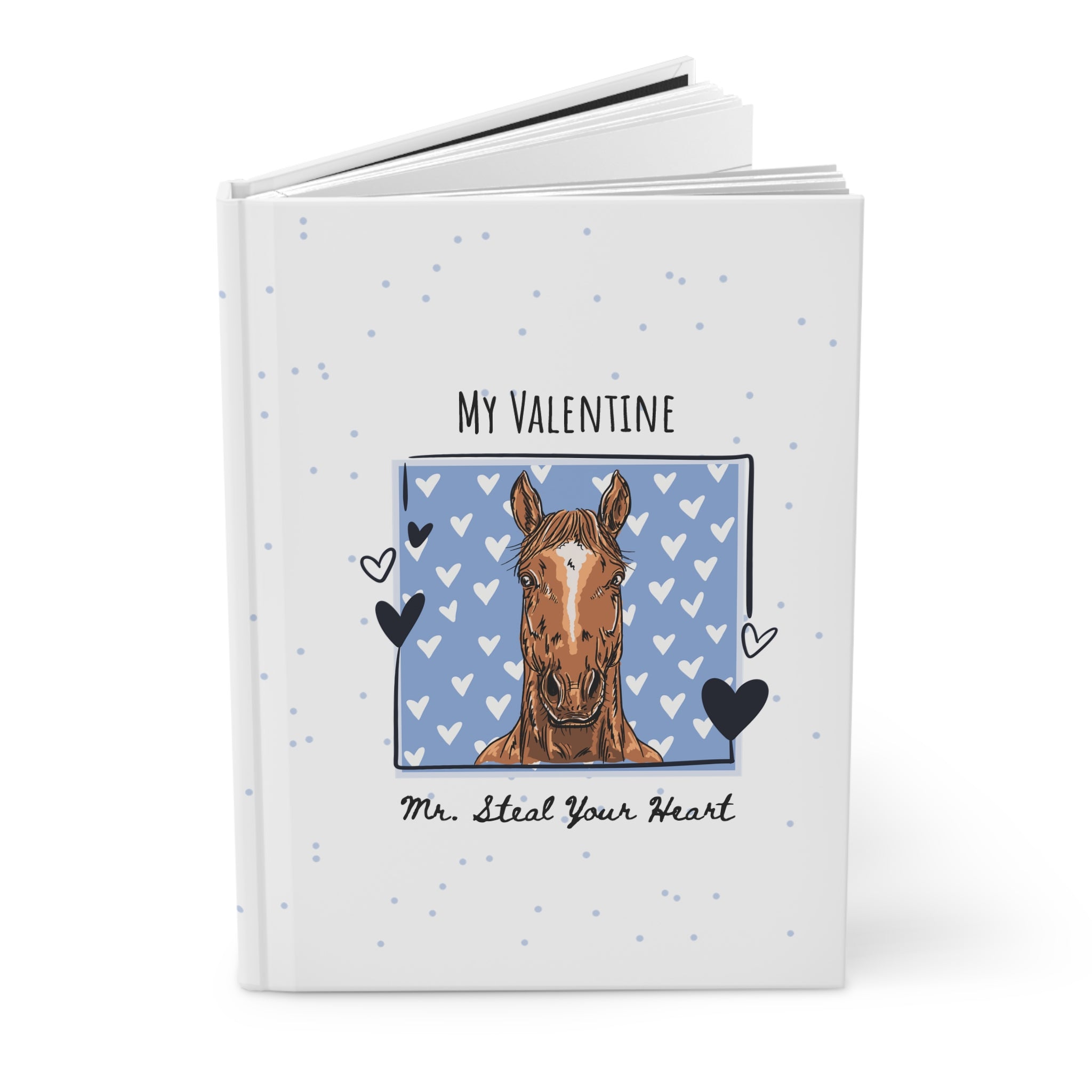 Personalized Horse Hardcover Journal — Cute Blue Hearts Horse Notebook, 