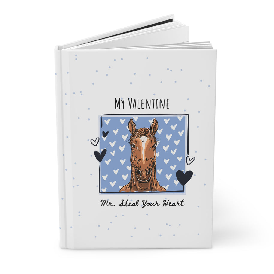 Personalized Horse Hardcover Journal — Cute Blue Hearts Horse Notebook, 
