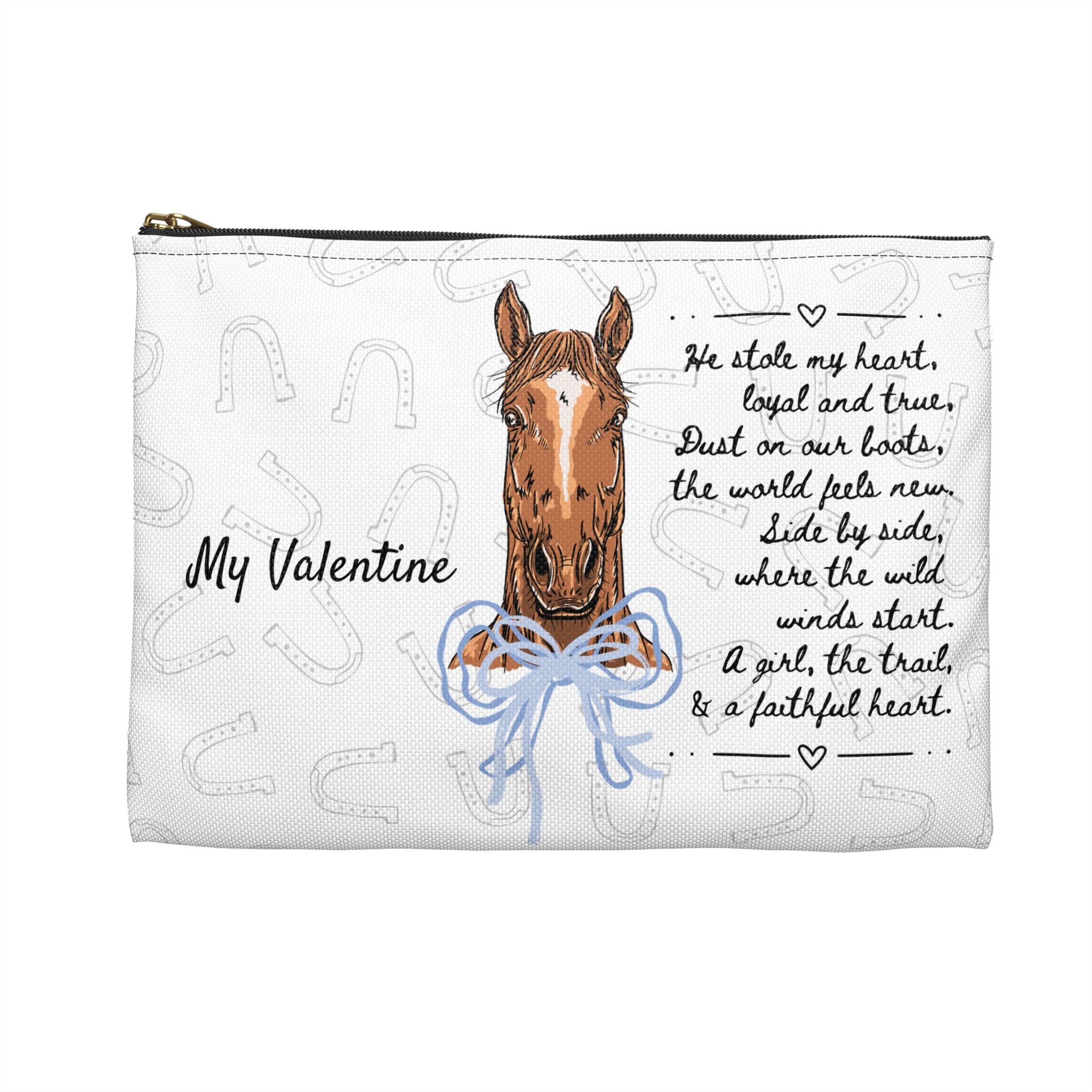 Personalized Horse Lover Accessory Pouch — “Mr. Steal Your Heart” Blue Hearts