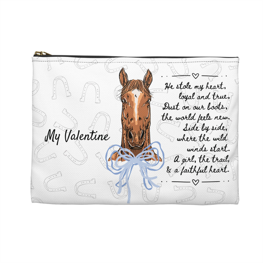 Personalized Horse Lover Accessory Pouch — “Mr. Steal Your Heart” Blue Hearts