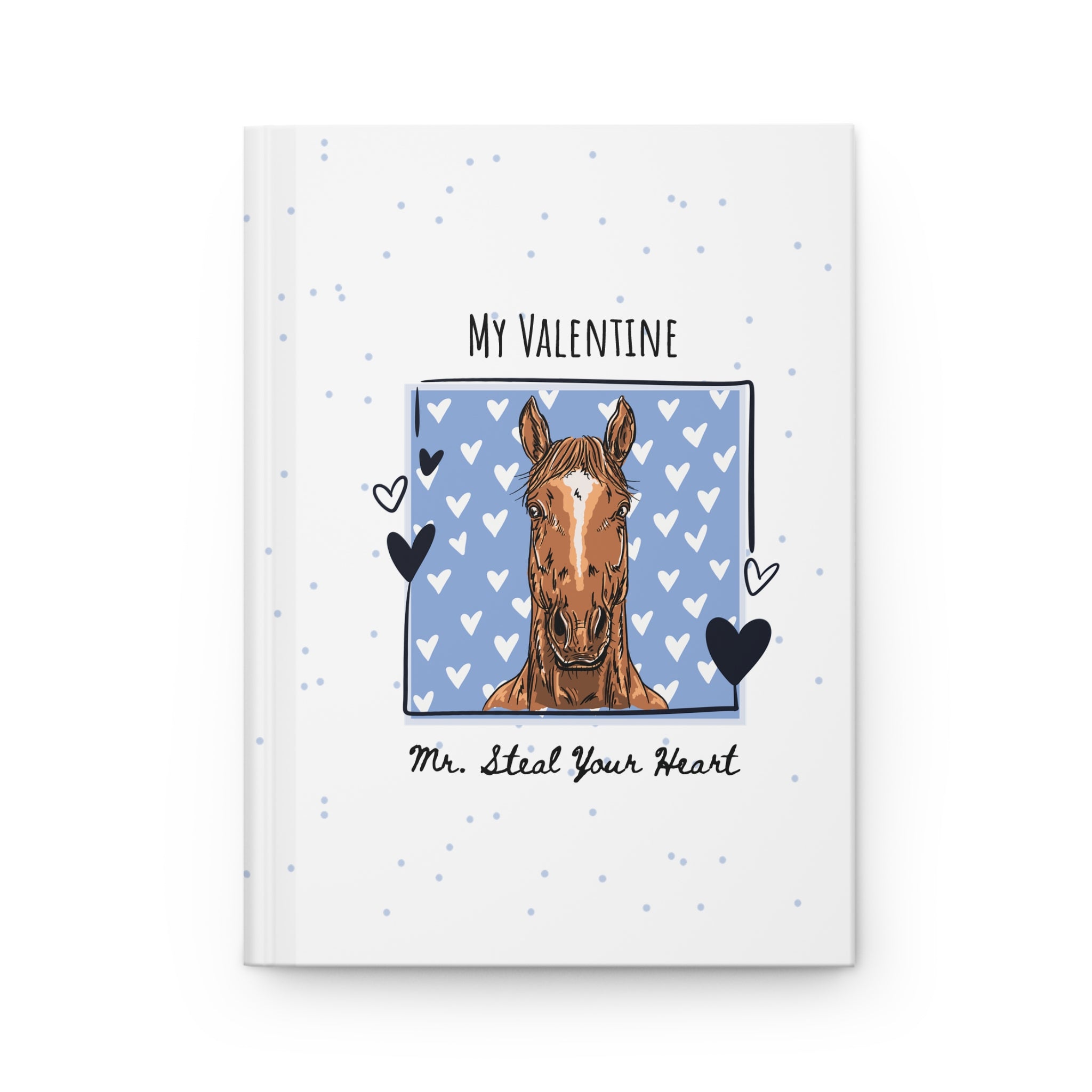 Personalized Horse Hardcover Journal — Cute Blue Hearts Horse Notebook, 